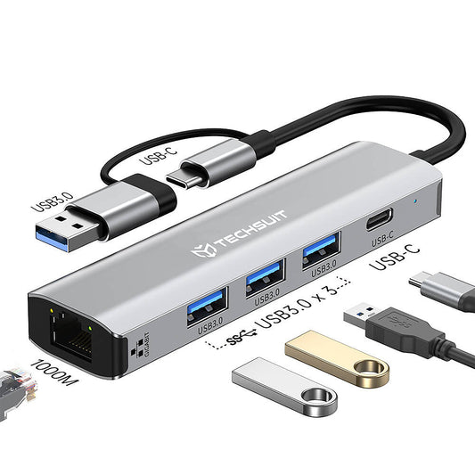Hub USB / USB-C Techsuit H3 BoostNetLink, 5v1, Sivý