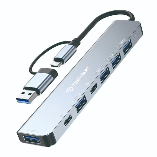 Hub USB / USB-C Techsuit H6 DataBridge, 7v1, Sivý