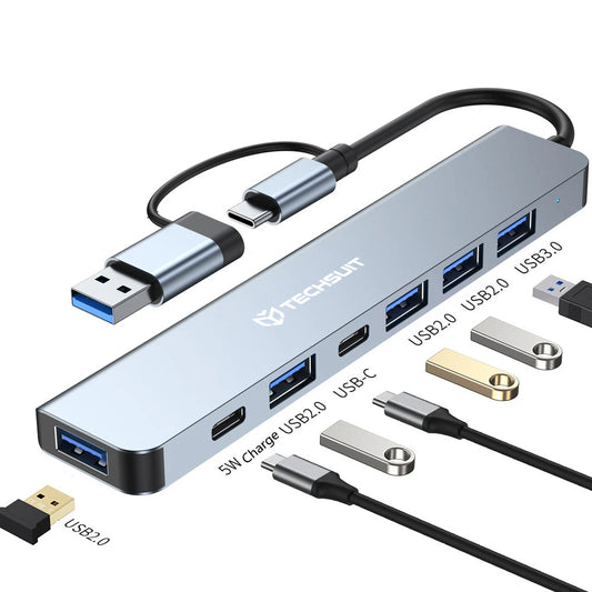 Hub USB / USB-C Techsuit H6 DataBridge, 7v1, Sivý