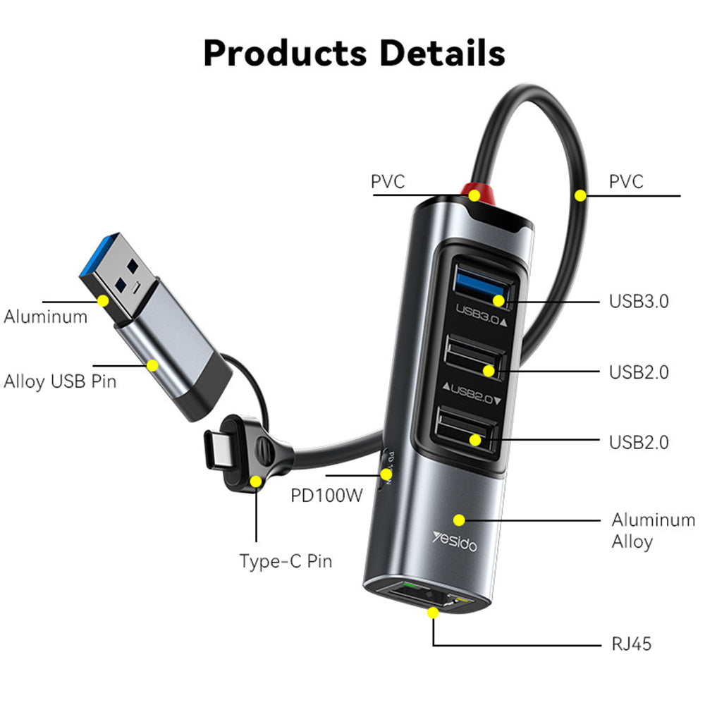 USB / USB-C hub Yesido HB21, 5v1, Sivý