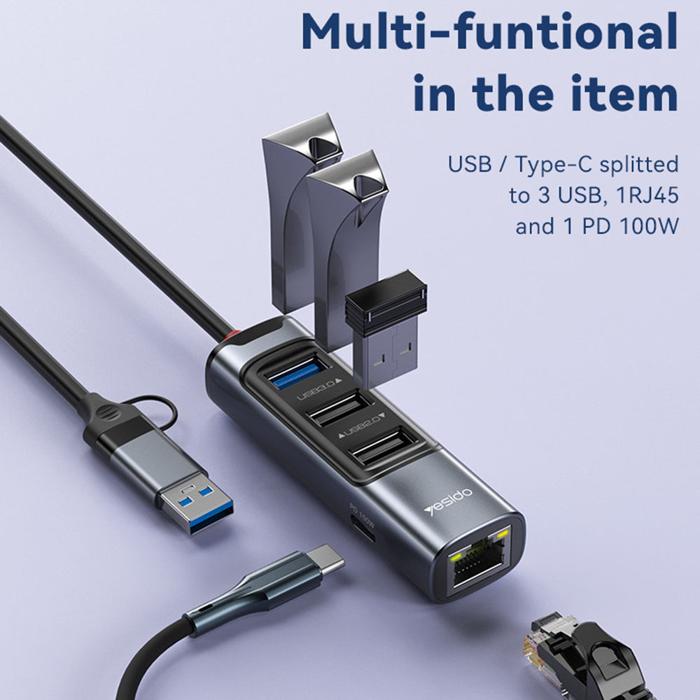 USB / USB-C hub Yesido HB21, 5v1, Sivý