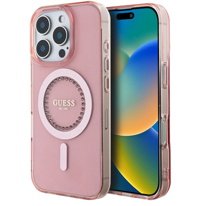 Puzdro MagSafe pre Apple iPhone 16 Pro Max, Guess, IML Rhinestones Ring, Ružové GUHMP16XPFTDTEP