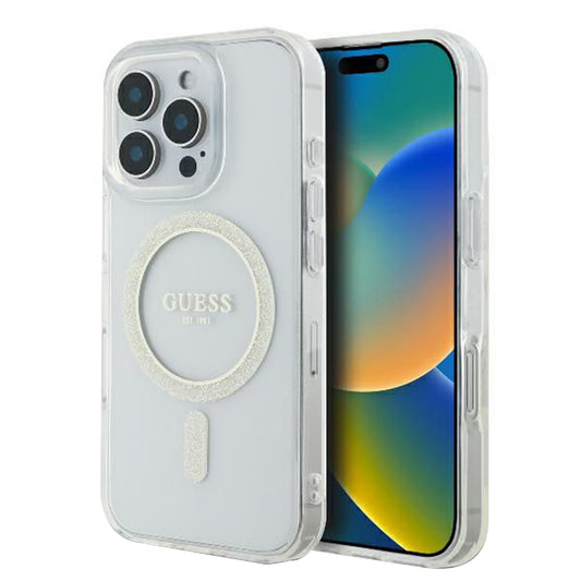 Puzdro MagSafe pre Apple iPhone 16 Pro, Guess, IML Glitter Ring, Transparentné GUHMP16LHFGERET