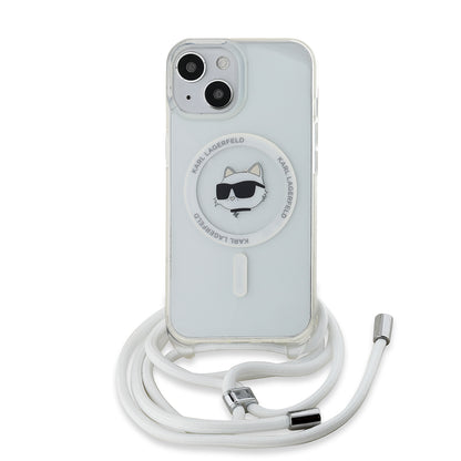 MagSafe Case for Apple iPhone 14, Karl Lagerfeld, IML Crossbody Choupette's Head with Strap, Transparent
