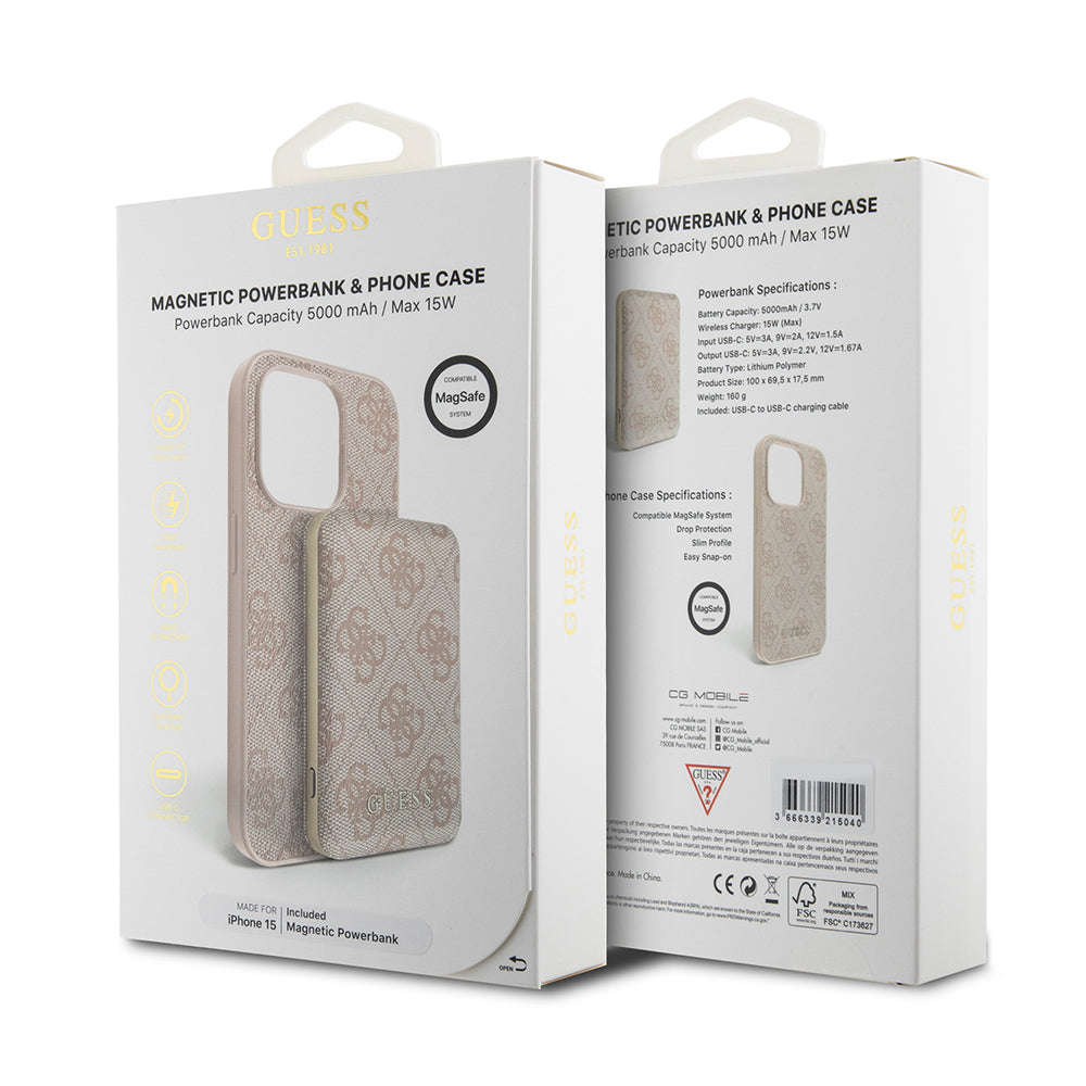 Puzdro MagSafe pre Apple iPhone 15, Guess, Powerbank 4G Metal Logo, Ružové