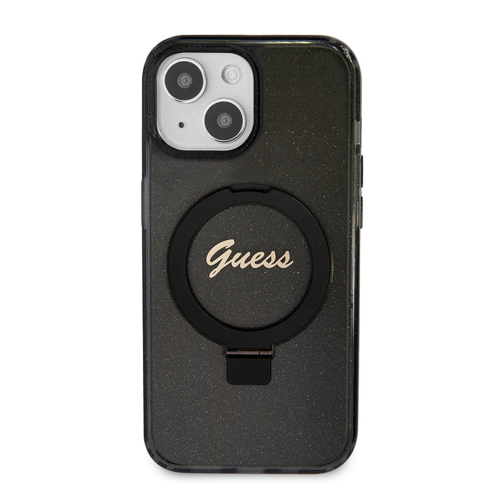 Puzdro MagSafe pre Apple iPhone 15, Guess, Ring Stand Script Glitter, Čierne