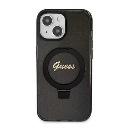 Puzdro MagSafe pre Apple iPhone 15, Guess, Ring Stand Script Glitter, Čierne
