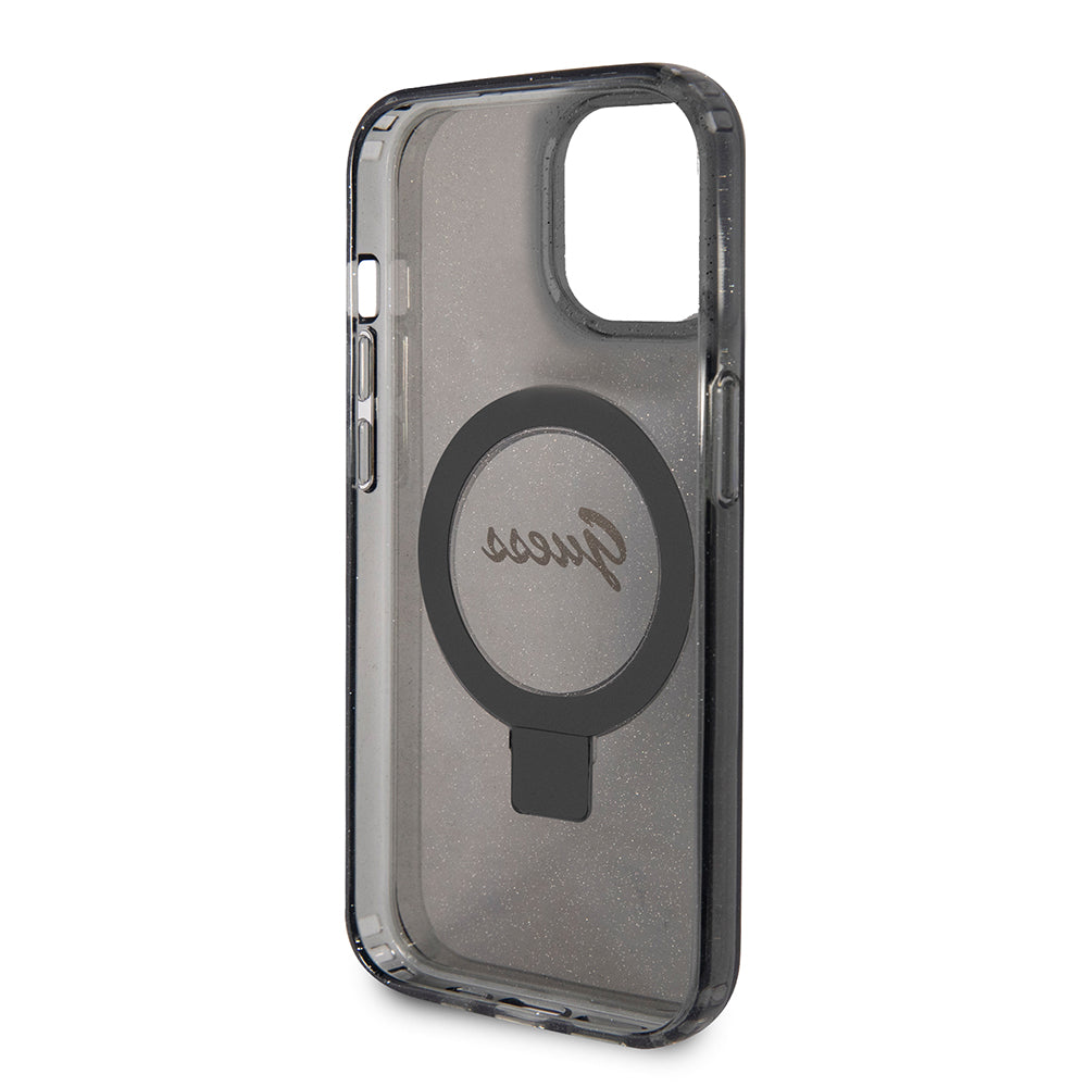 Puzdro MagSafe pre Apple iPhone 15, Guess, Ring Stand Script Glitter, Čierne