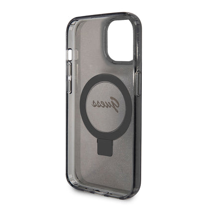 Puzdro MagSafe pre Apple iPhone 15, Guess, Ring Stand Script Glitter, Čierne