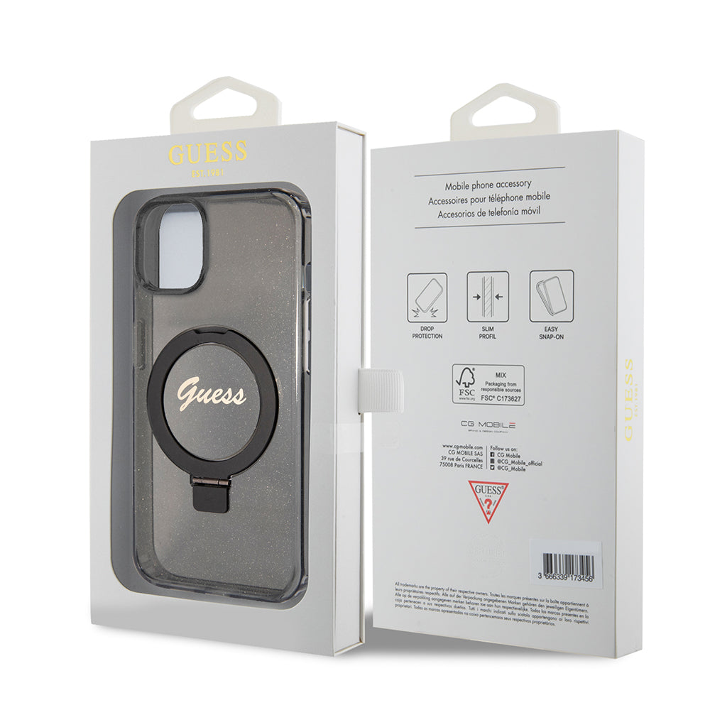 Puzdro MagSafe pre Apple iPhone 15, Guess, Ring Stand Script Glitter, Čierne