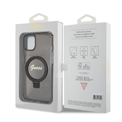 Puzdro MagSafe pre Apple iPhone 15, Guess, Ring Stand Script Glitter, Čierne