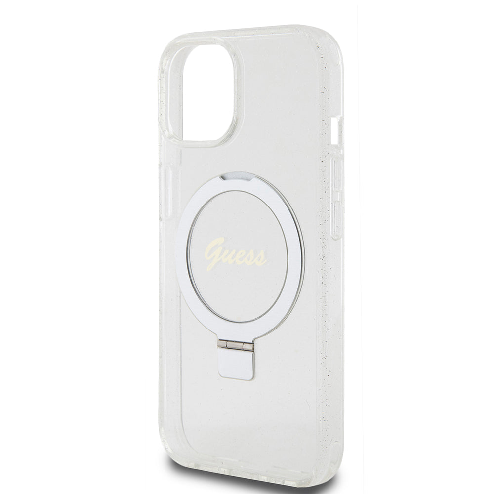 Puzdro MagSafe pre Apple iPhone 15, Guess, Ring Stand Script Glitter, Transparent