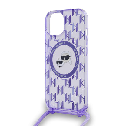 MagSafe Case for Apple iPhone 15, Karl Lagerfeld, IML Crossbody Monogram Karl & Choupette's Heads, Purple