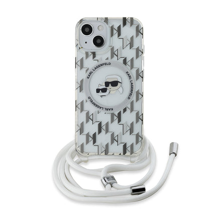MagSafe Case for Apple iPhone 15, Karl Lagerfeld, IML Crossbody Monogram Karl & Choupette's Heads, Transparent