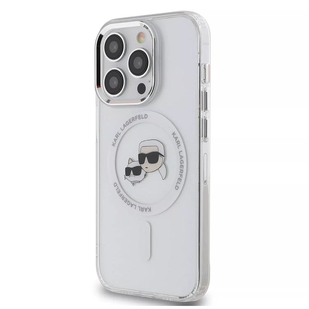 Puzdro MagSafe pre Apple iPhone 15, Karl Lagerfeld, IML Metal Karl & Choupette's Heads, Transparentné