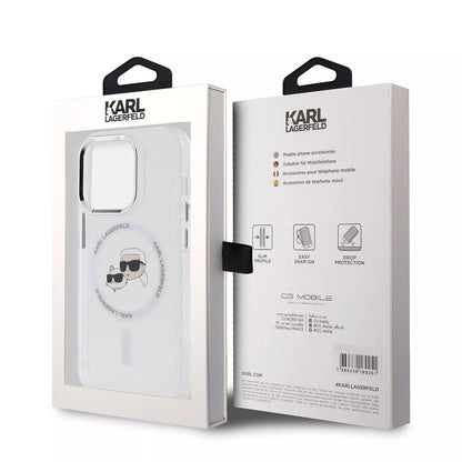 Puzdro MagSafe pre Apple iPhone 15, Karl Lagerfeld, IML Metal Karl & Choupette's Heads, Transparentné