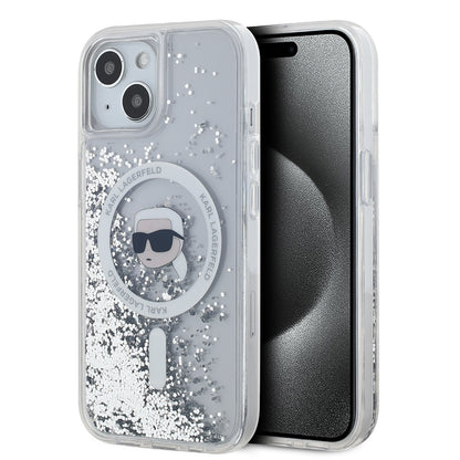 MagSafe Case for Apple iPhone 15, Karl Lagerfeld, Liquid Glitter Karl's Head, Transparent