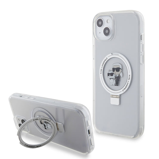 Puzdro MagSafe pre Apple iPhone 15 Plus, Karl Lagerfeld, Ringstand Karl and Choupette, Biela