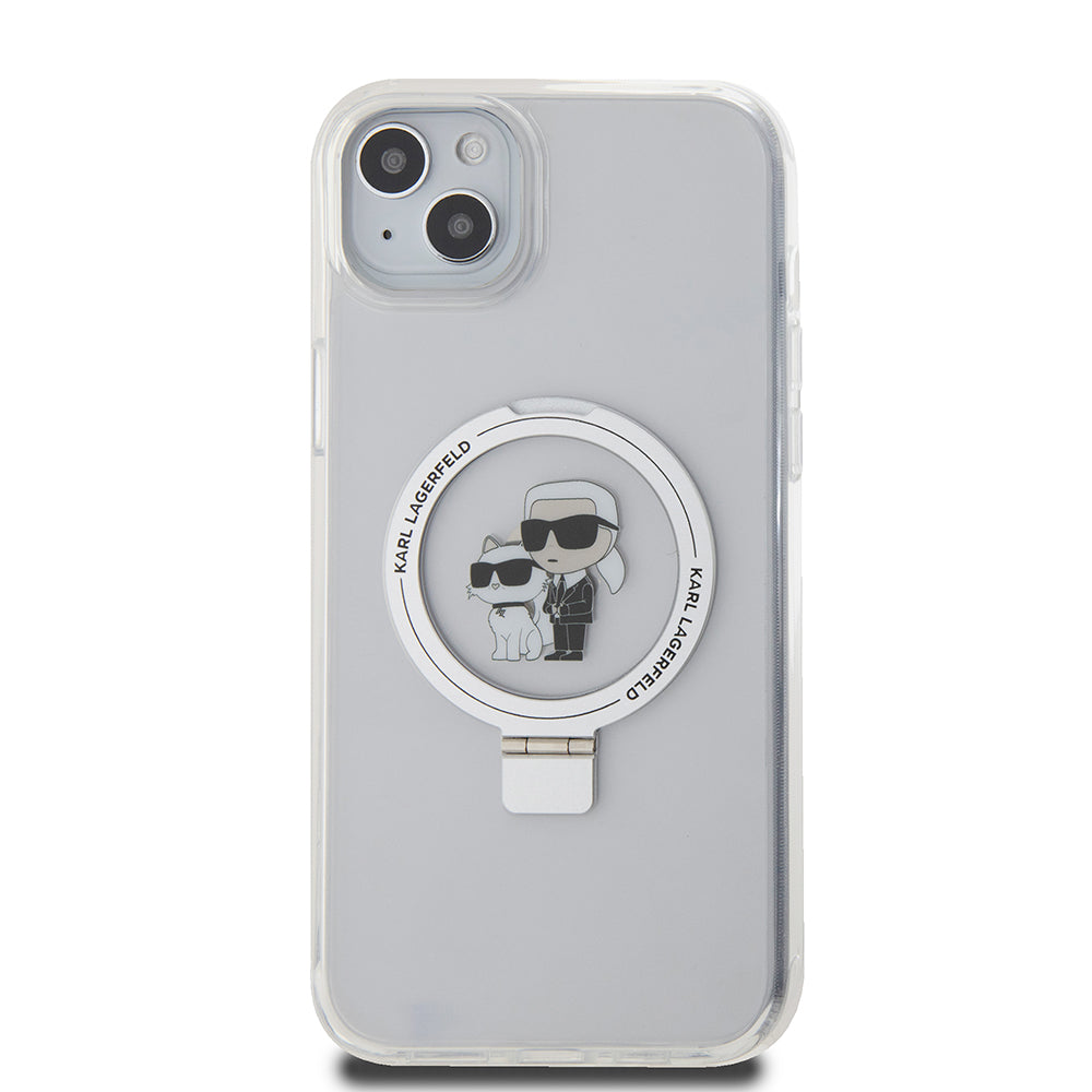 Puzdro MagSafe pre Apple iPhone 15 Plus, Karl Lagerfeld, Ringstand Karl and Choupette, Biela