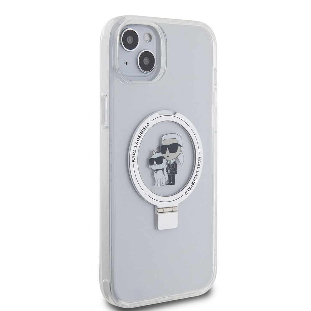 Puzdro MagSafe pre Apple iPhone 15 Plus, Karl Lagerfeld, Ringstand Karl and Choupette, Biela