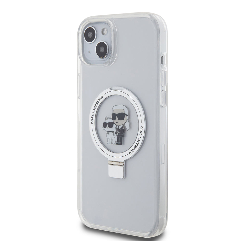 Puzdro MagSafe pre Apple iPhone 15 Plus, Karl Lagerfeld, Ringstand Karl and Choupette, Biela