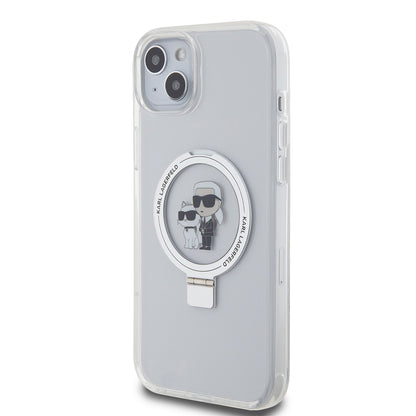 Puzdro MagSafe pre Apple iPhone 15 Plus, Karl Lagerfeld, Ringstand Karl and Choupette, Biela