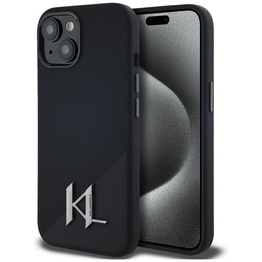 MagSafe Case for Apple iPhone 15, Karl Lagerfeld, Silicone Shadow Metal Initial, Black