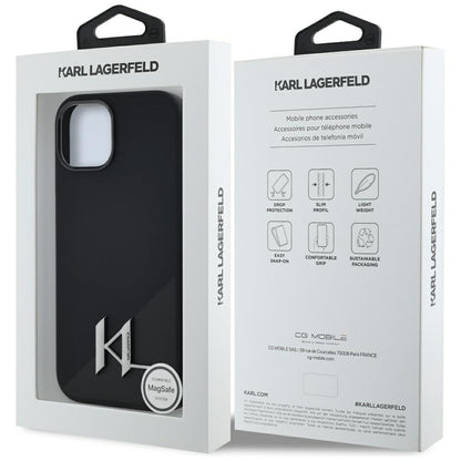 MagSafe Case for Apple iPhone 15, Karl Lagerfeld, Silicone Shadow Metal Initial, Black