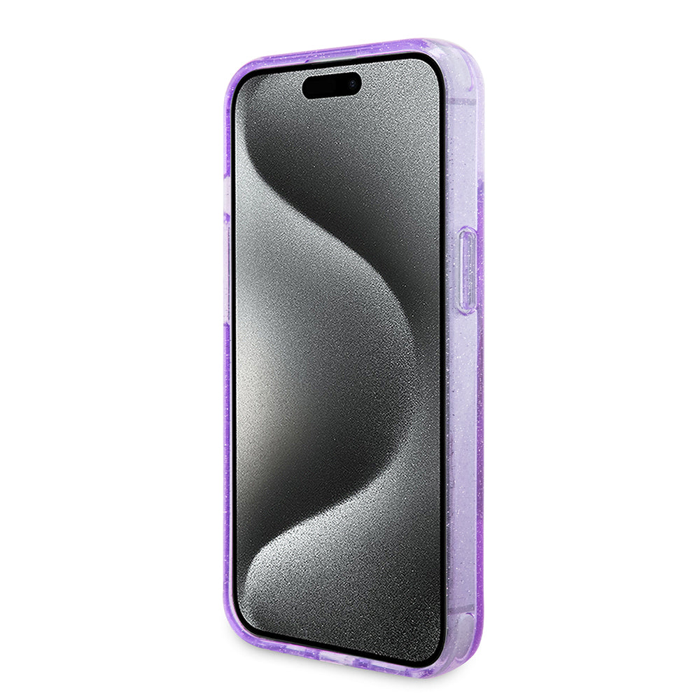 Puzdro MagSafe pre Apple iPhone 15 Plus, Guess, Ring Stand Script Glitter, Fialová