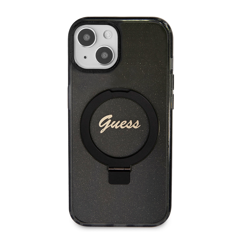 Puzdro MagSafe pre Apple iPhone 15 Plus, Guess, Ring Stand Script Glitter, Čierne