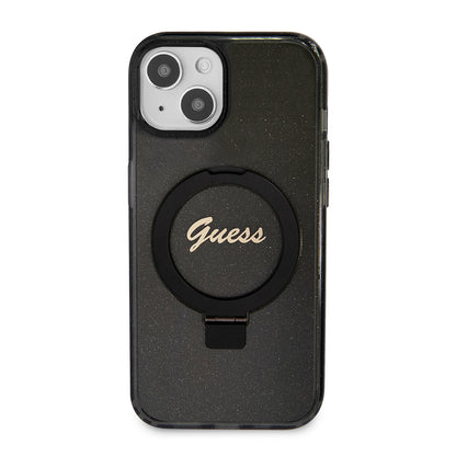 Puzdro MagSafe pre Apple iPhone 15 Plus, Guess, Ring Stand Script Glitter, Čierne