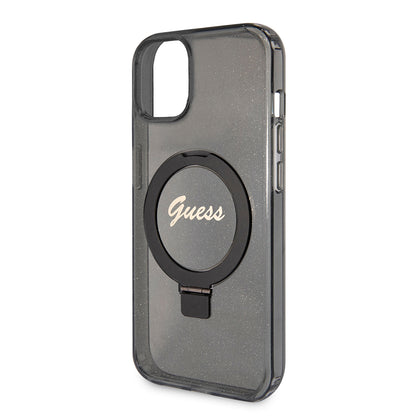 Puzdro MagSafe pre Apple iPhone 15 Plus, Guess, Ring Stand Script Glitter, Čierne