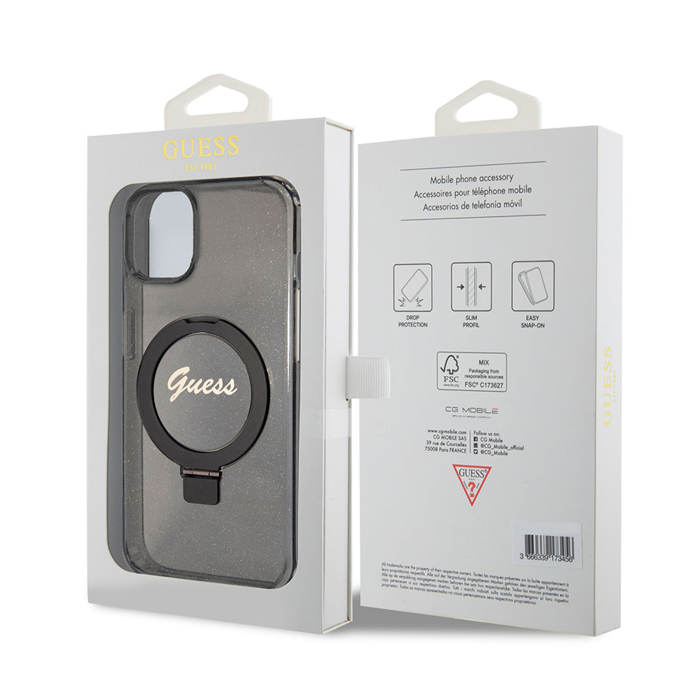 Puzdro MagSafe pre Apple iPhone 15 Plus, Guess, Ring Stand Script Glitter, Čierne