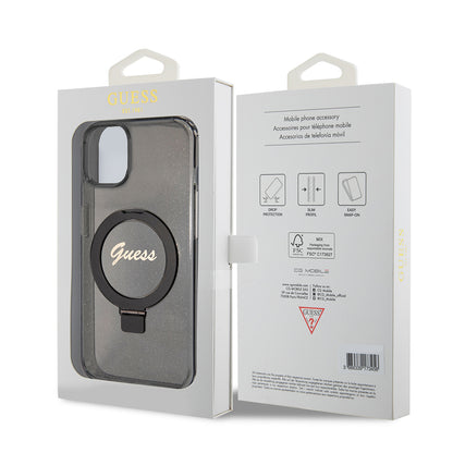 Puzdro MagSafe pre Apple iPhone 15 Plus, Guess, Ring Stand Script Glitter, Čierne