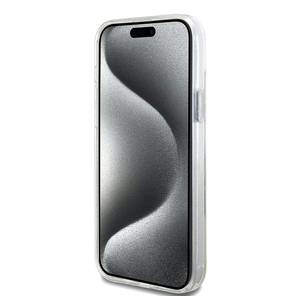 Puzdro MagSafe pre Apple iPhone 15 Plus, Guess, Ring Stand Script Glitter, Transparent