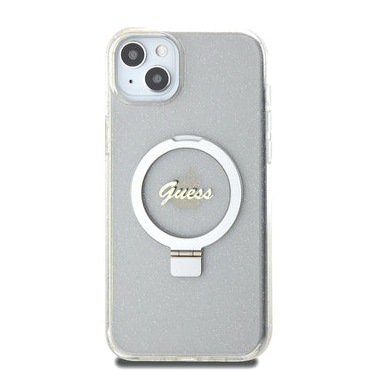 Puzdro MagSafe pre Apple iPhone 15 Plus, Guess, Ring Stand Script Glitter, Transparent