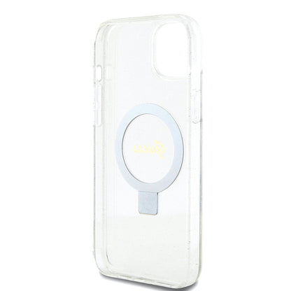 Puzdro MagSafe pre Apple iPhone 15 Plus, Guess, Ring Stand Script Glitter, Transparent