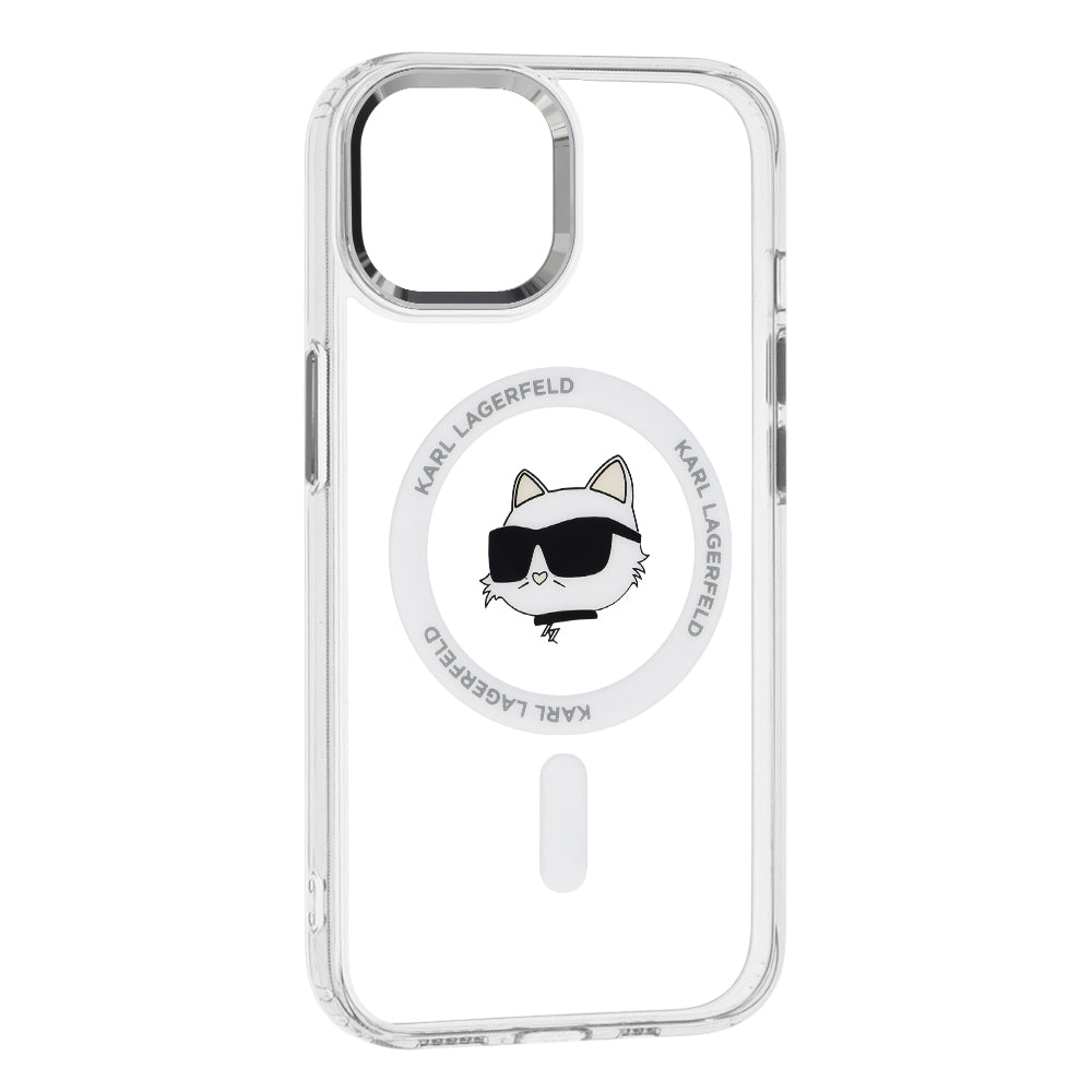 Puzdro MagSafe pre Apple iPhone 15 Plus, Karl Lagerfeld, IML Metal Choupette's Head, Biela