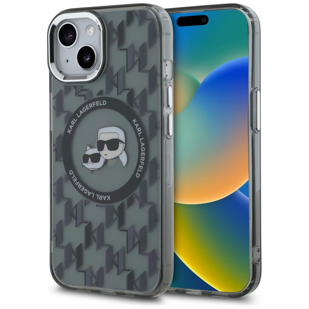 Puzdro MagSafe pre Apple iPhone 15 Plus, Karl Lagerfeld, IML Monogram Karl & Choupette's Heads, Čierne
