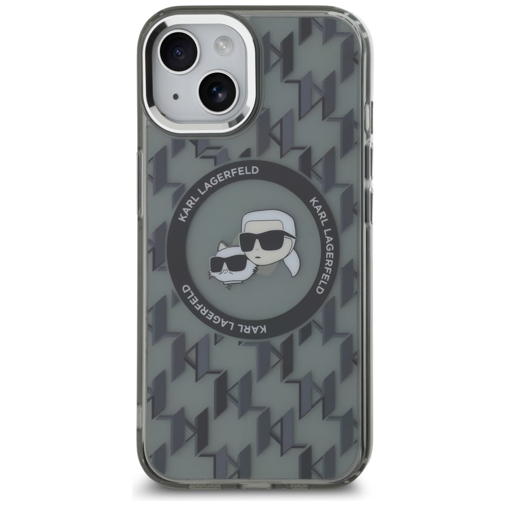 Puzdro MagSafe pre Apple iPhone 15 Plus, Karl Lagerfeld, IML Monogram Karl & Choupette's Heads, Čierne