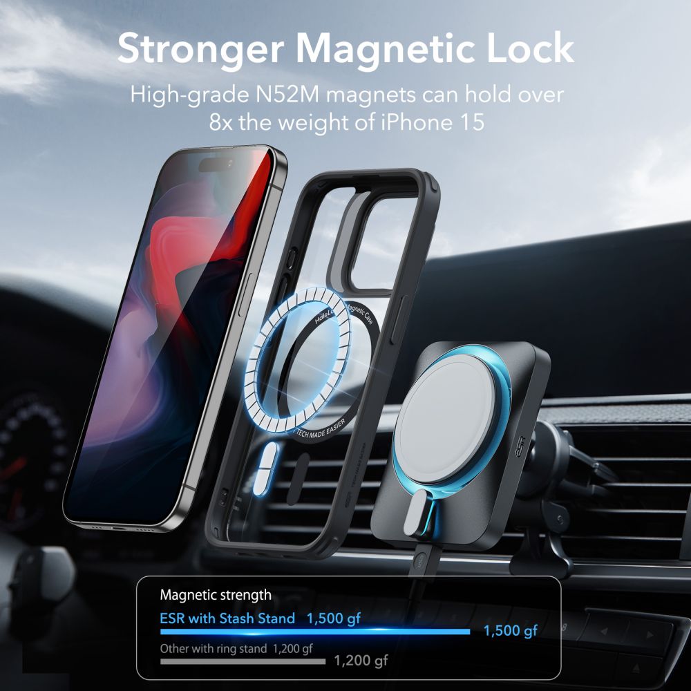 Puzdro MagSafe pre Apple iPhone 15 Pro, ESR, Classic Hybrid Kickstand, Čierne Transparentné