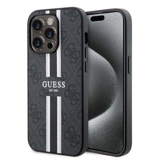 Puzdro MagSafe pre Apple iPhone 15 Pro, Guess, 4G Printed Stripes, Čierne
