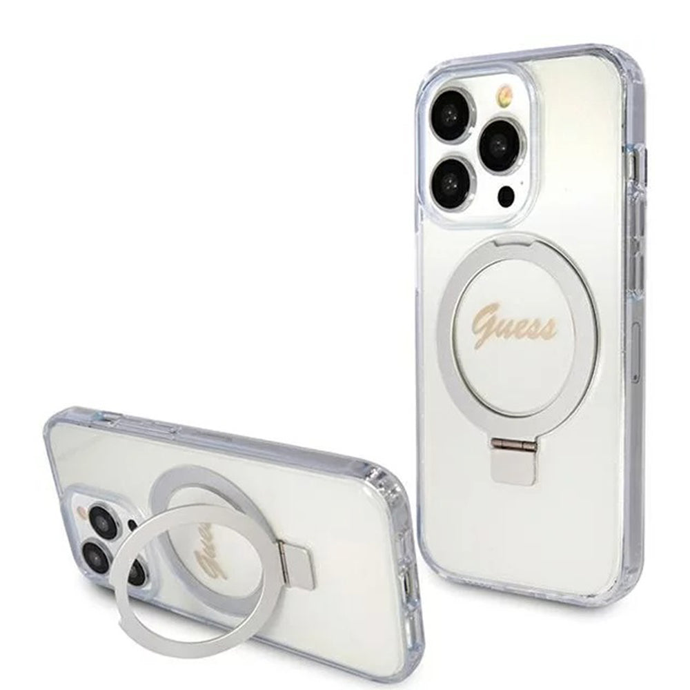 Puzdro MagSafe pre Apple iPhone 15 Pro, Guess, IML Ring Stand Glitter, Transparentné