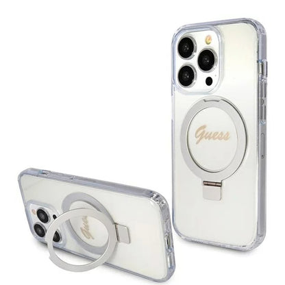 Puzdro MagSafe pre Apple iPhone 15 Pro, Guess, IML Ring Stand Glitter, Transparentné