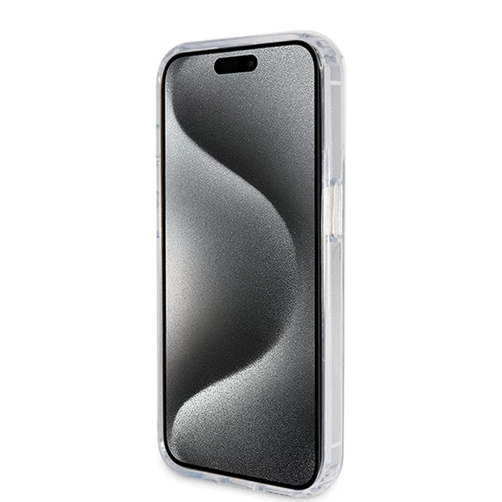 Puzdro MagSafe pre Apple iPhone 15 Pro, Guess, IML Ring Stand Glitter, Transparentné