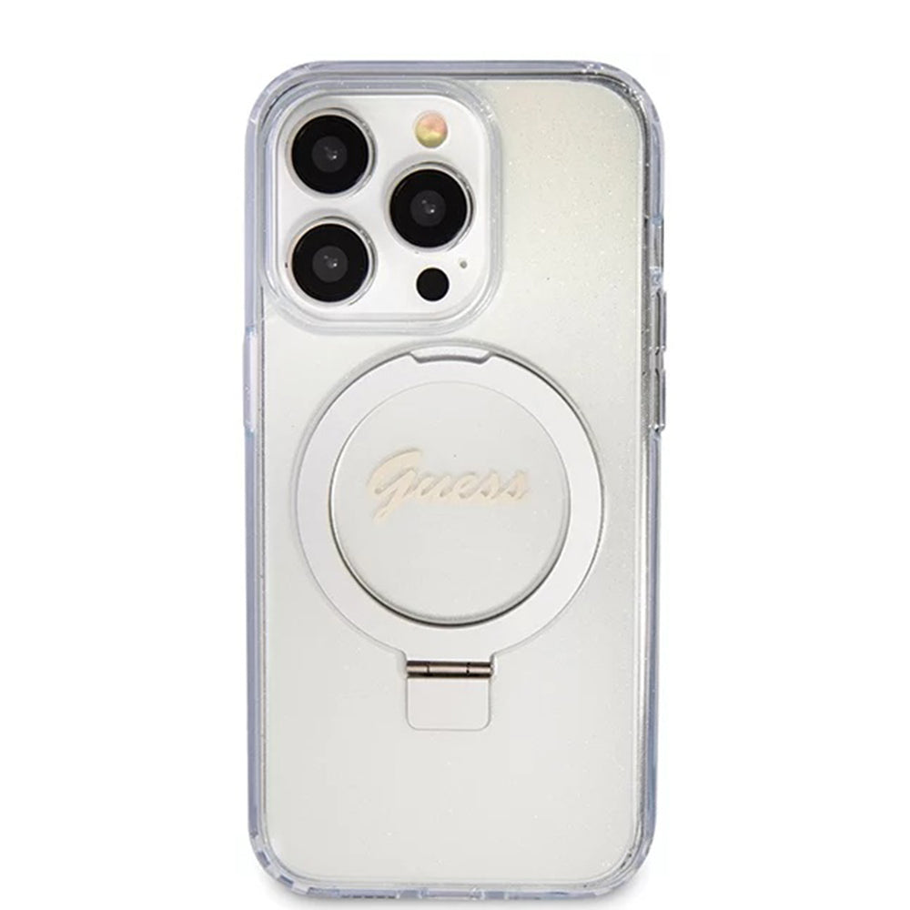 Puzdro MagSafe pre Apple iPhone 15 Pro, Guess, IML Ring Stand Glitter, Transparentné