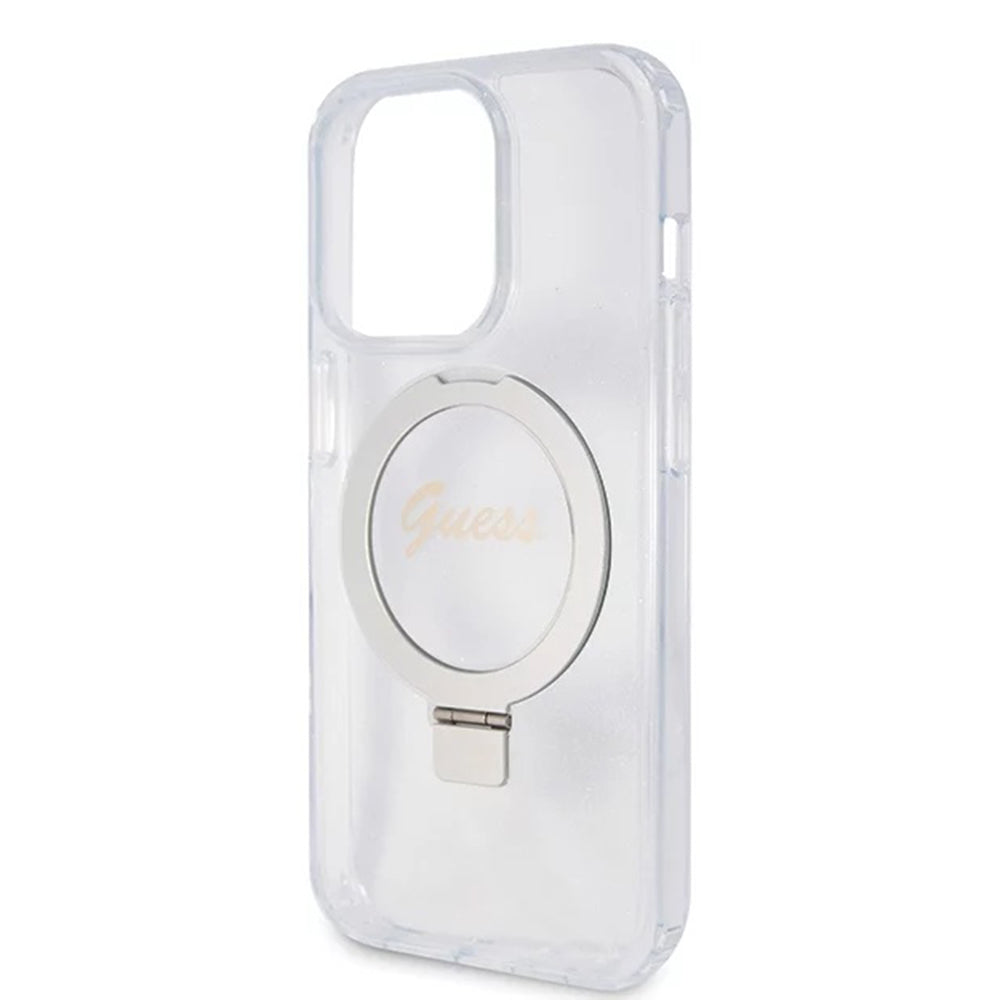 Puzdro MagSafe pre Apple iPhone 15 Pro, Guess, IML Ring Stand Glitter, Transparentné