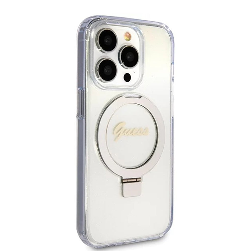 Puzdro MagSafe pre Apple iPhone 15 Pro, Guess, IML Ring Stand Glitter, Transparentné