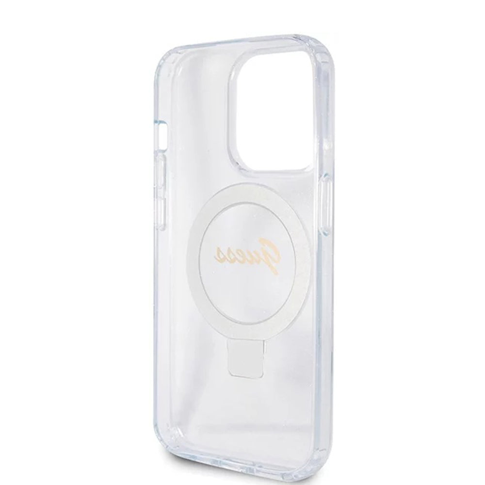 Puzdro MagSafe pre Apple iPhone 15 Pro, Guess, IML Ring Stand Glitter, Transparentné