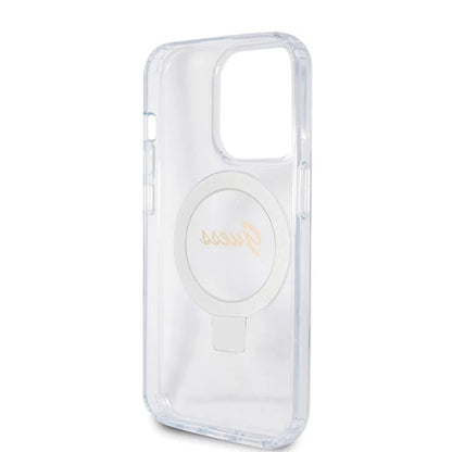 Puzdro MagSafe pre Apple iPhone 15 Pro, Guess, IML Ring Stand Glitter, Transparentné